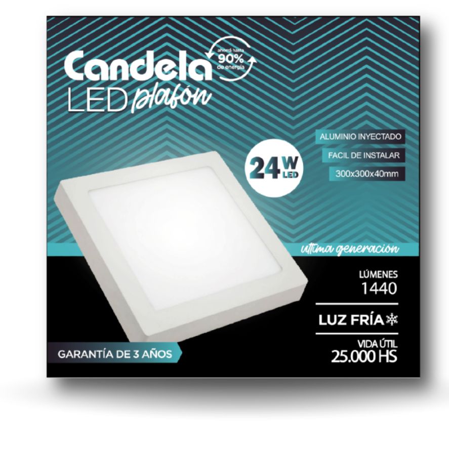 PLAFON CANDELA LED 24W FRIA CUAD. 30X30X4 CMS.