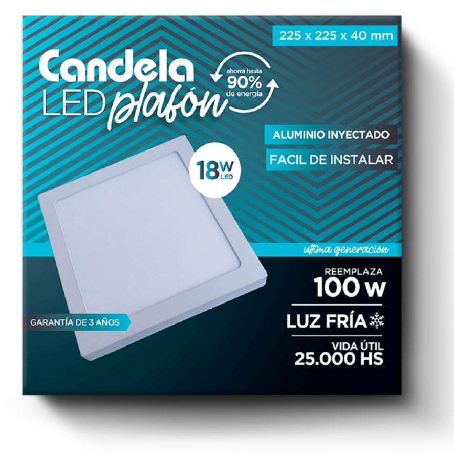 PLAFON CANDELA LED 18W FRIO CUAD. 225X225X40 MM.