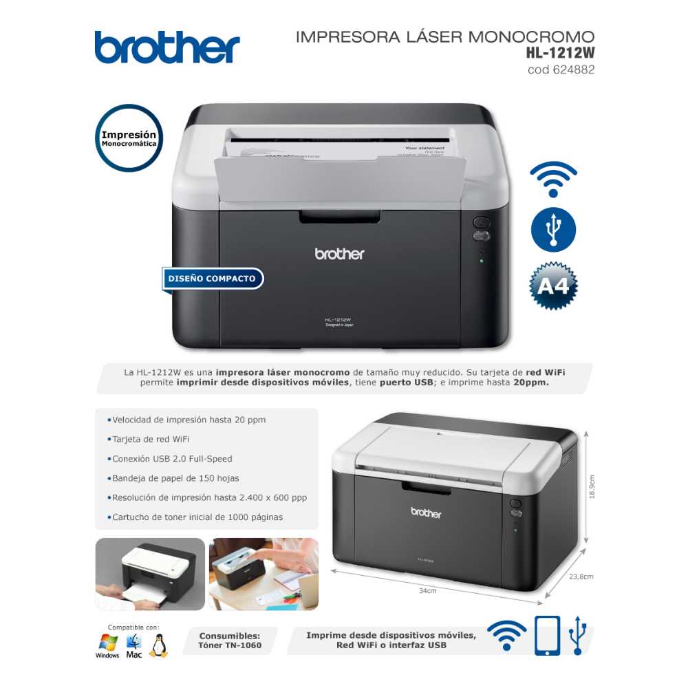 IMPRESORA LASER BROTHER NEGRO 1212W WIFI