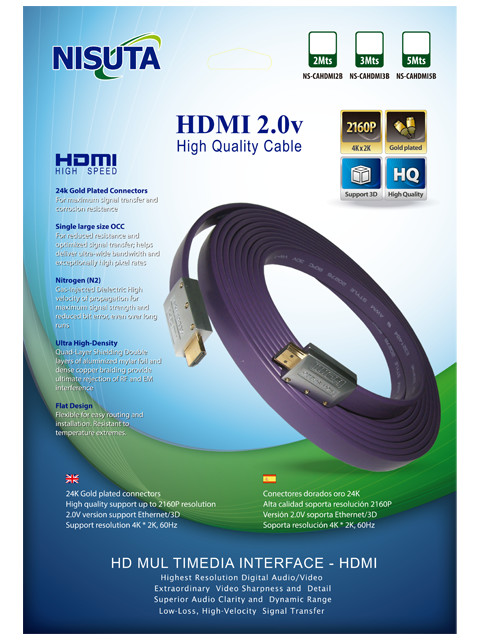 CABLE HDMI 2.0V NISUTA 3MTS 4K FLAT ALTA CALIDAD