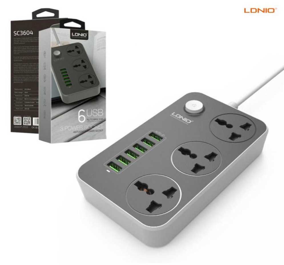 ZAPATILLA LDNIO 3 TOMAS + 3 X USB + 2 TC 3.4A CABLE SC3604