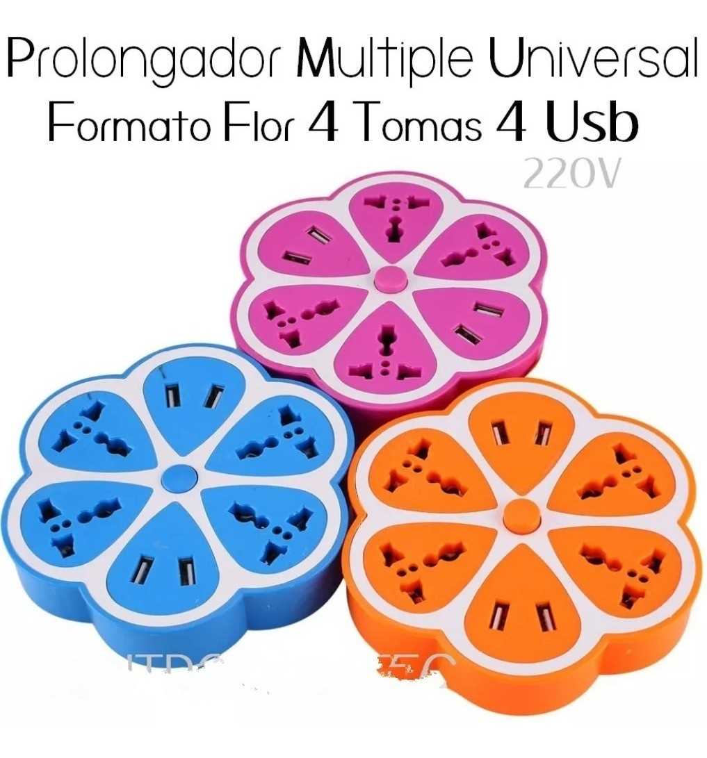 ZAPATILLA DE 4 TOMAS 220V + 2 X USB FLOR