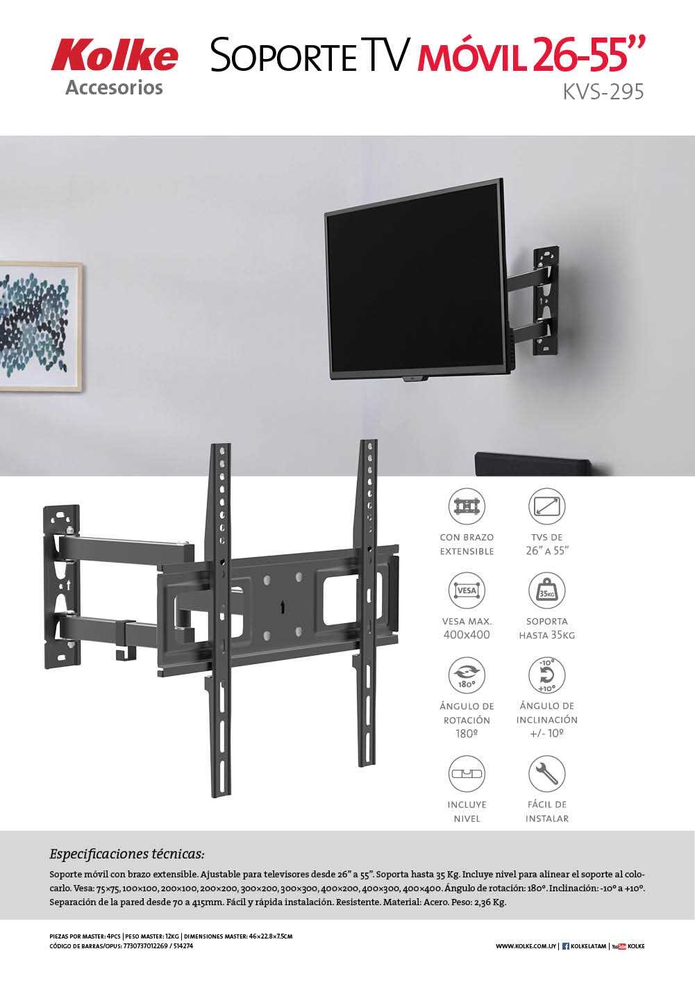 SOPORTE TV KOLKE KVS-295 MOVIL 26-55