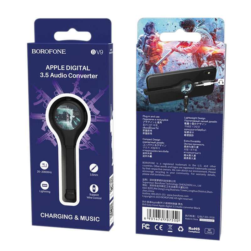 ADAPTADOR DE AURICULAR LIGHTNING A JACK + CARGA BOROFONE BV9 GAMER