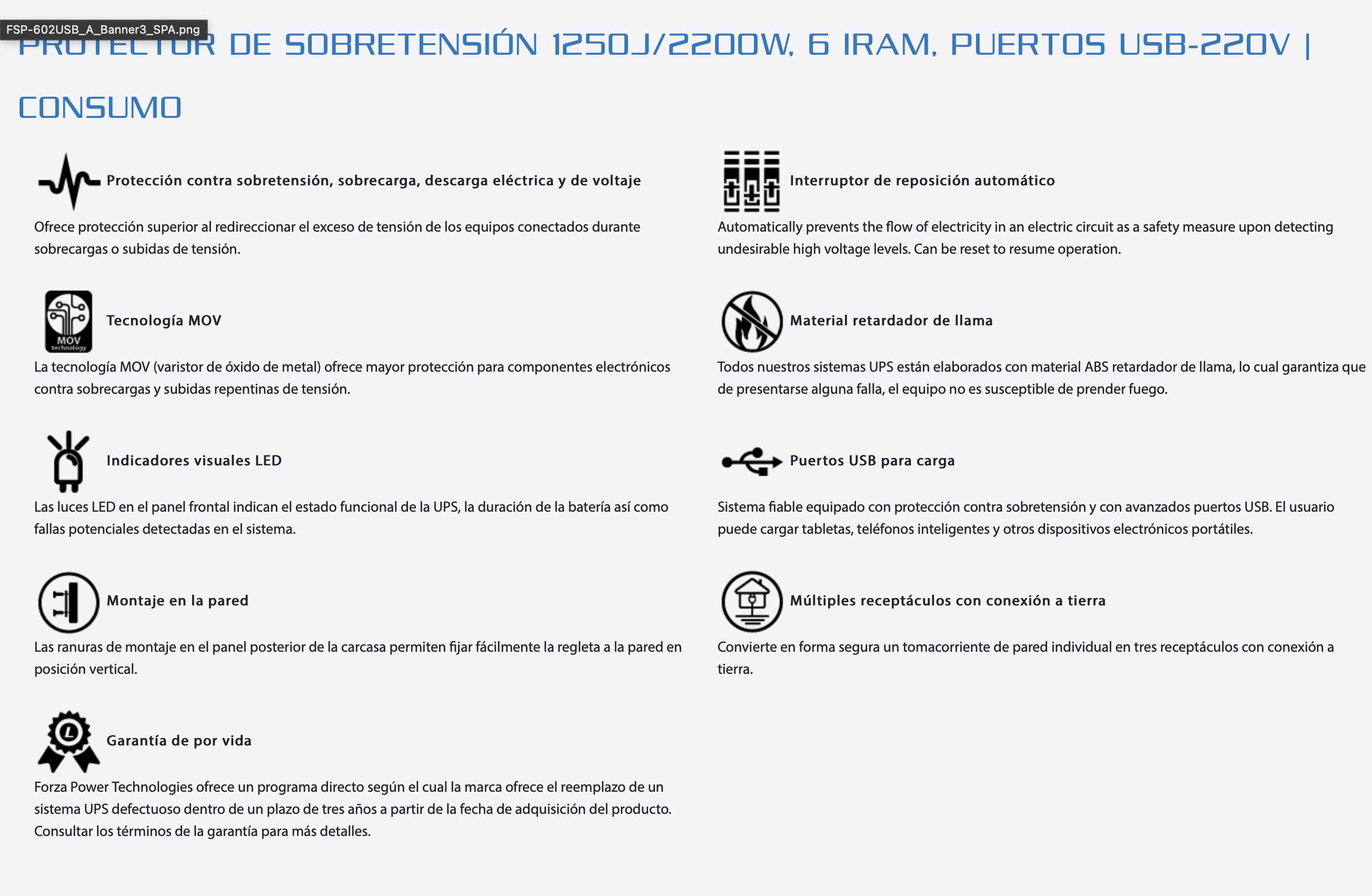 PROTECTOR DE SOBRETENSION FORZA FSP-602USB--A C/2 USB