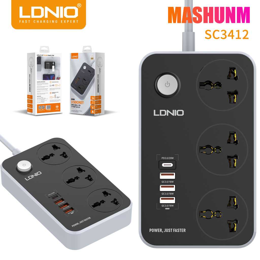 ZAPATILLA LDNIO 3 TOMAS + 3 USB 18W +  PD 20W SC3412