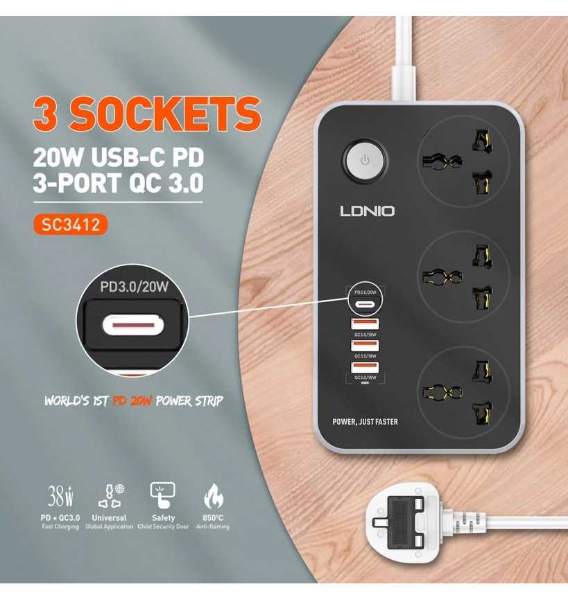 ZAPATILLA LDNIO 3 TOMAS + 3 USB 18W +  PD 20W SC3412