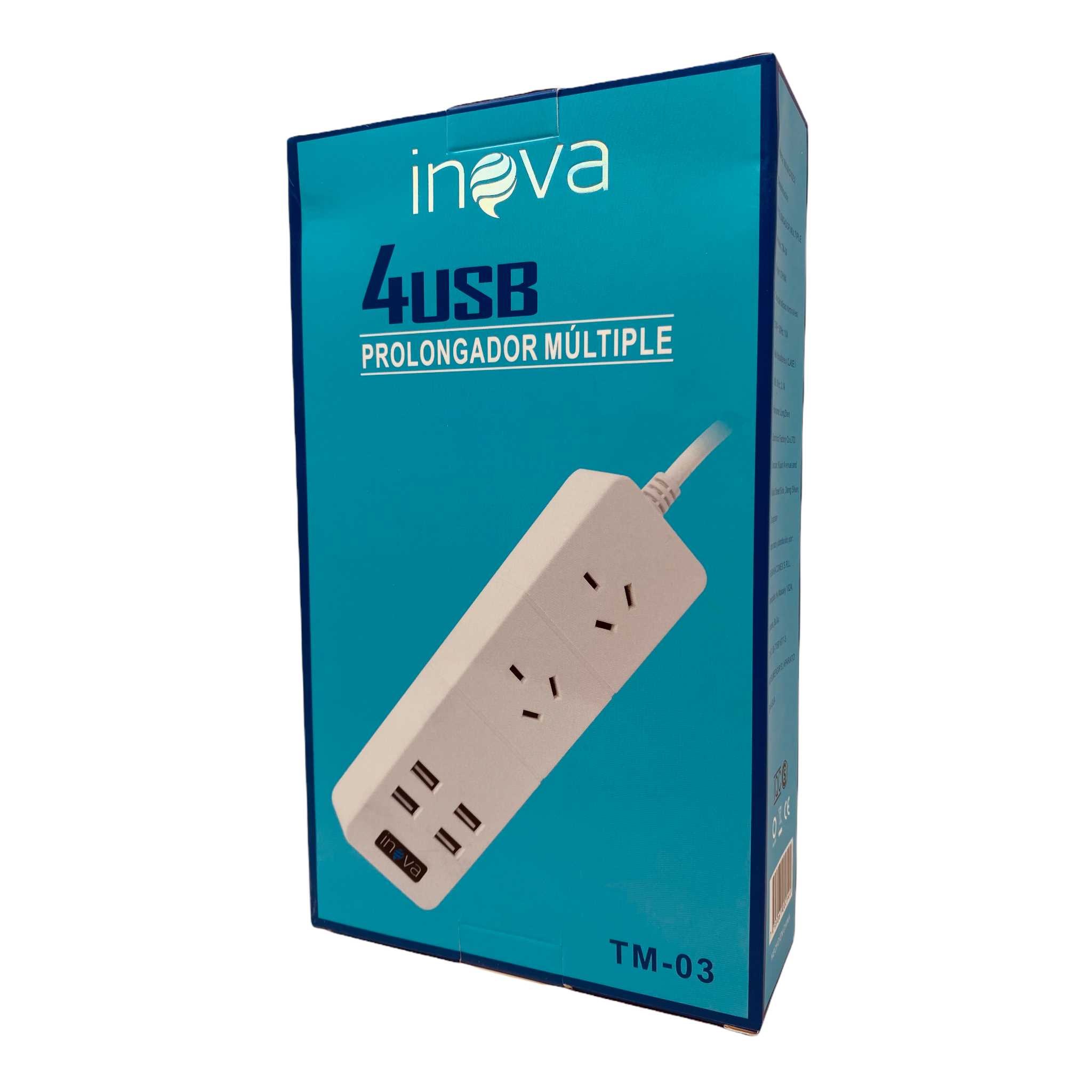 ZAPATILLA DE 2 TOMAS 220V INOVA + 4 X USB 2.1A TM-03