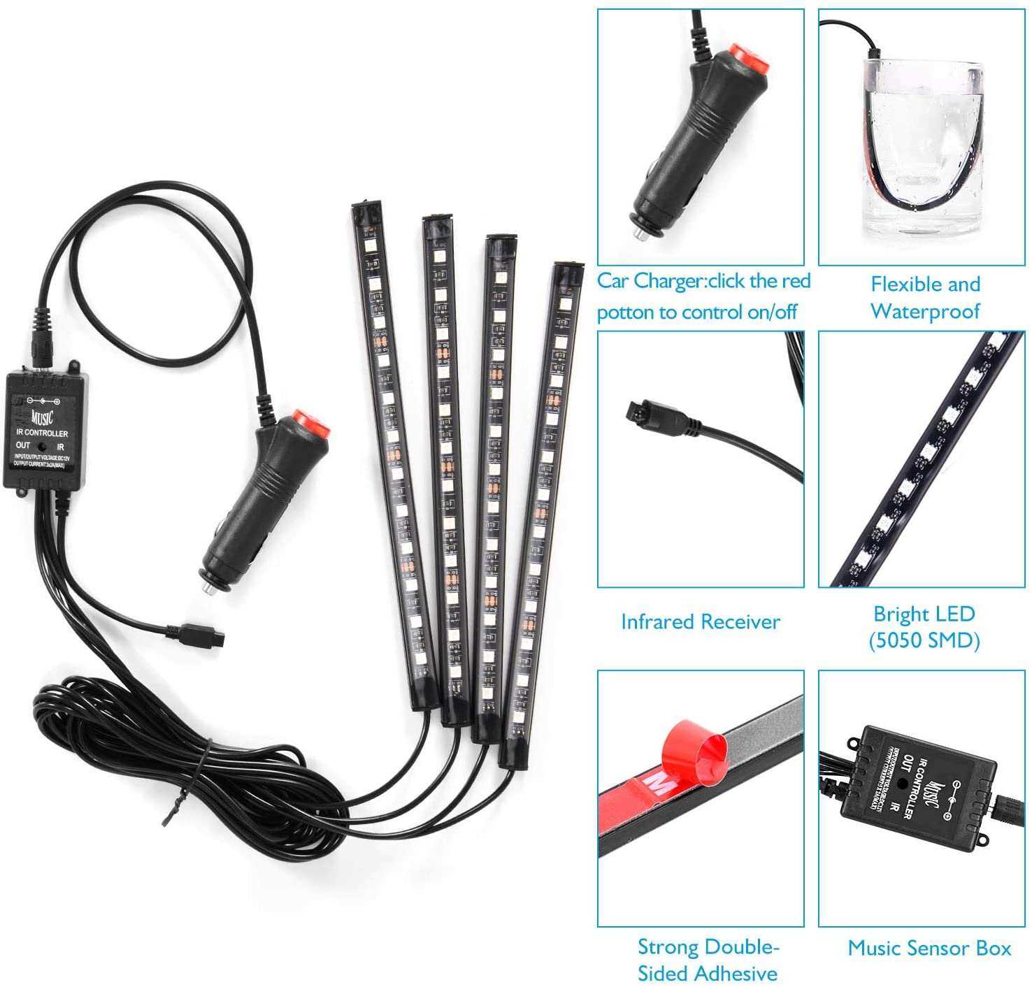 LUZ LED AUTO AUDIORITMICA 4 TIRAS 20CM