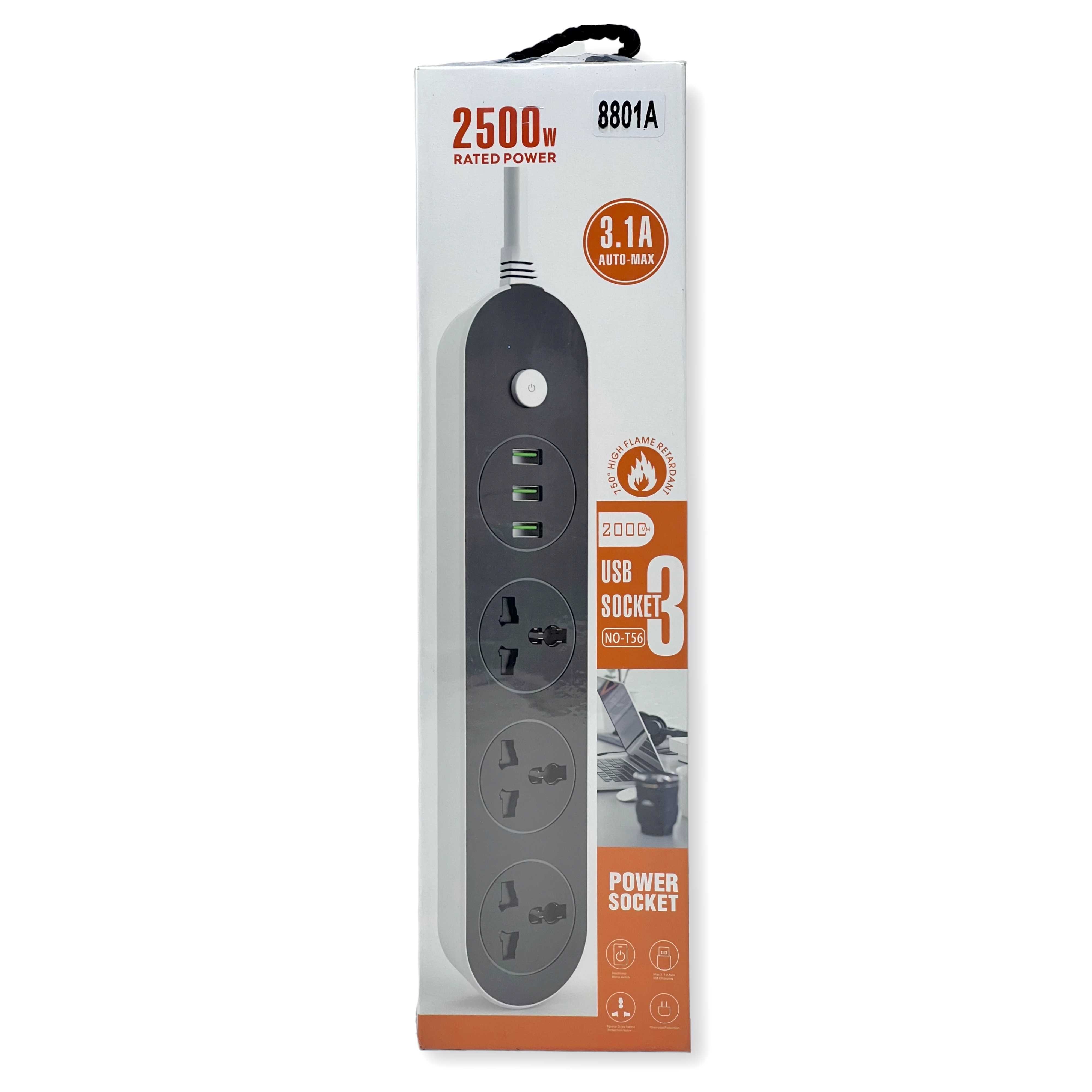 ZAPATILLA DE 3 TOMAS 220V + 3 X USB 3.1A 2500W 2M