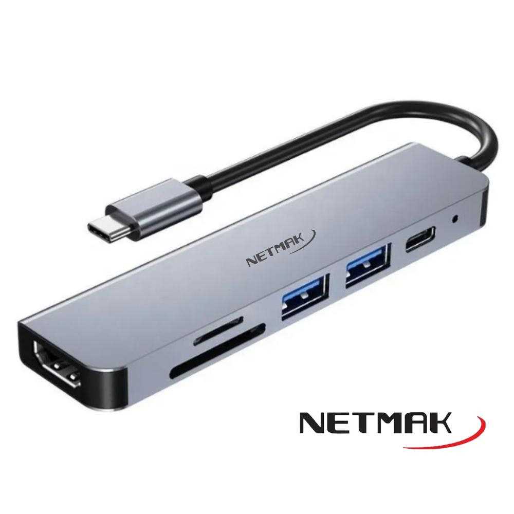 CONVERSOR TIPO C 3.1 A (HDMI + USB 3.0 + TIPO C PD + SD + TF) NETMAK NM-6EN1