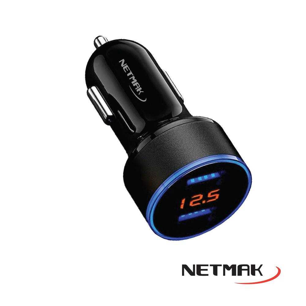 CARGADOR AUTO (USB 2.4A + USB 3.1A 18W + DISPLAY) NETMAK NM-UCC8