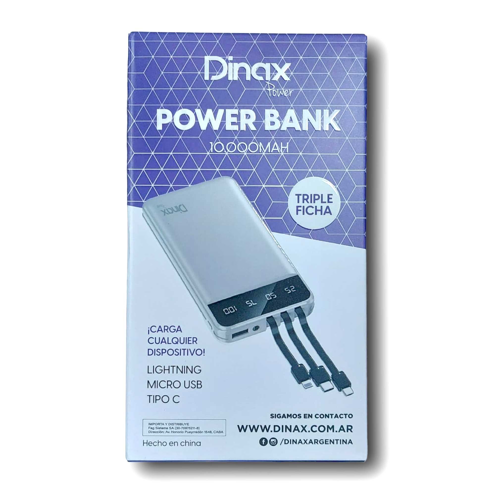 CARGADOR USB PORTATIL 10000MAH DINAX 3 CONECTORES
