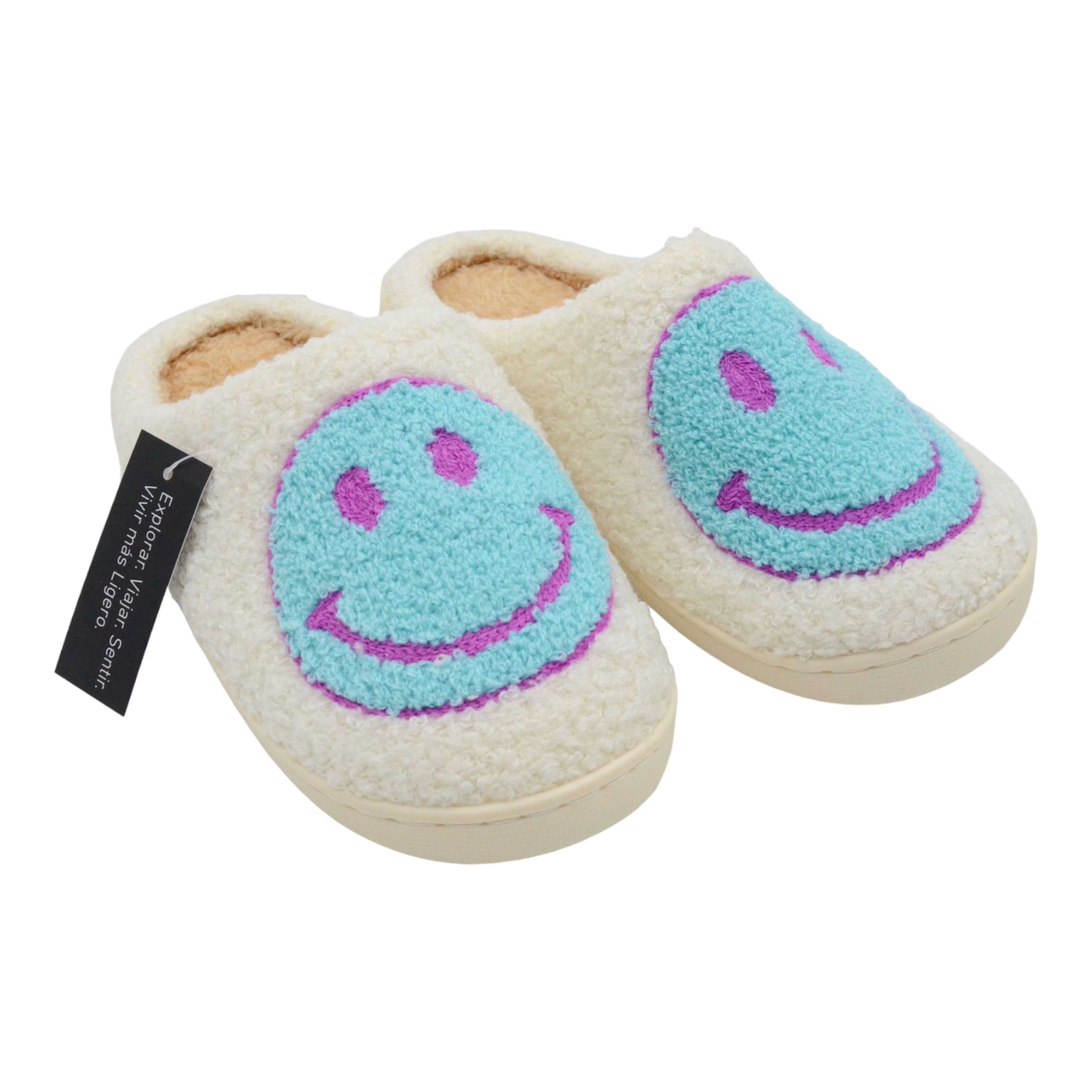 PANTUFLAS PELUCHE CARITA FELIZ TALLE L CELESTE