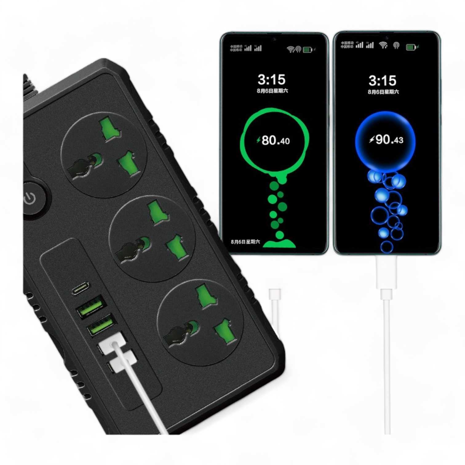 ZAPATILLA 3 TOMAS 220V B09 + 5 USB 3.1A + PD 20W 3000W 1M