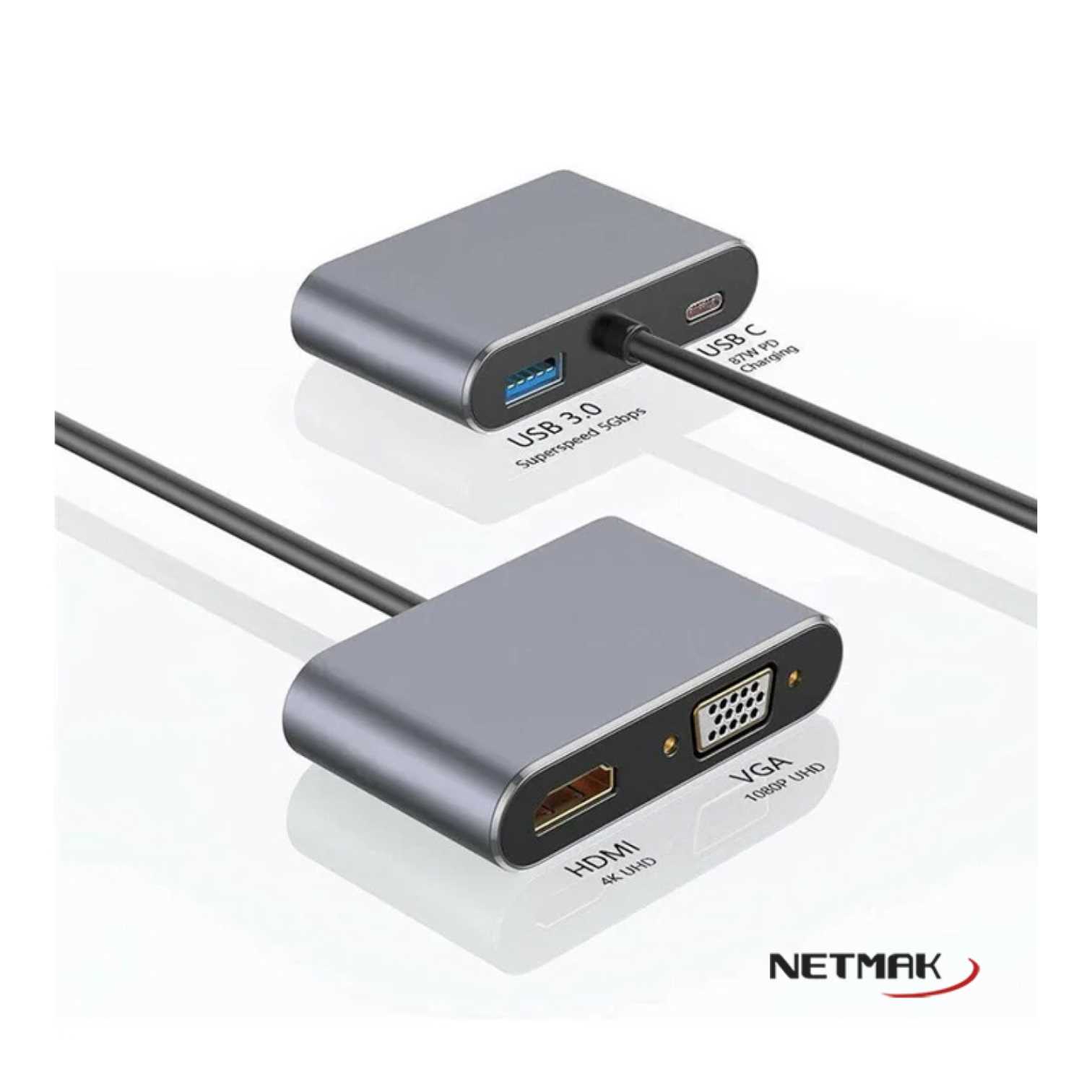 CONVERSOR TIPO C 3.1 A (HDMI+VGA+USB 3.0+ TIPO C PD) NETMAK NM-4EN1