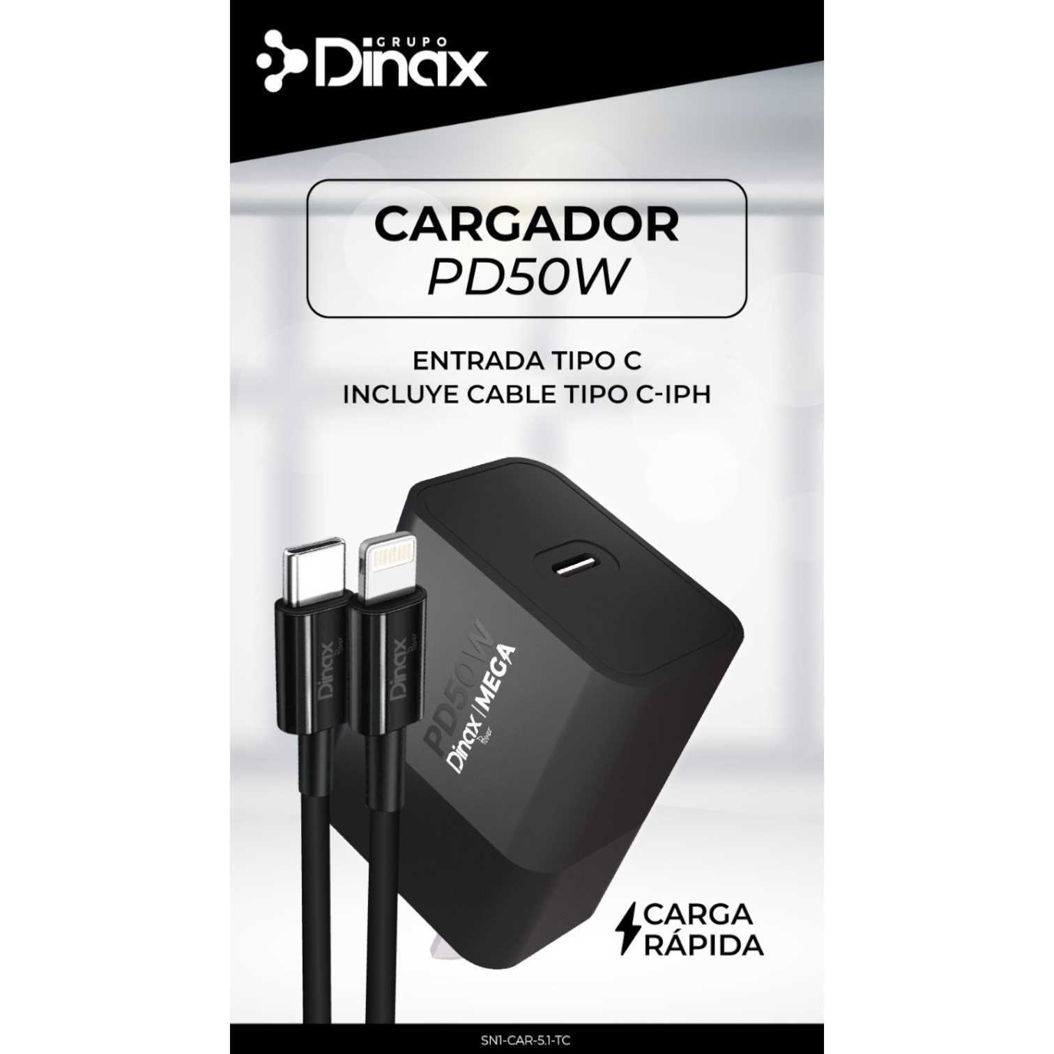 CARGADOR 220V TIPO C DINAX 5.1A CABLE IPHONE PD 50W SN1CAR51TC