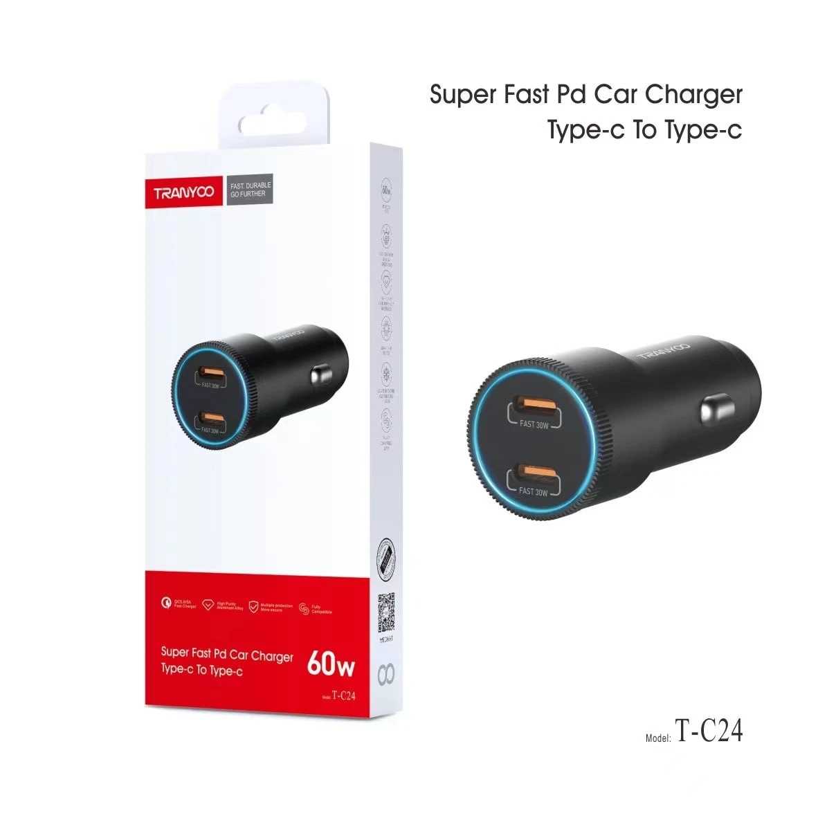 CARGADOR USB PARA AUTO SEISA 60W PD+QC 3.0 METAL T-C24