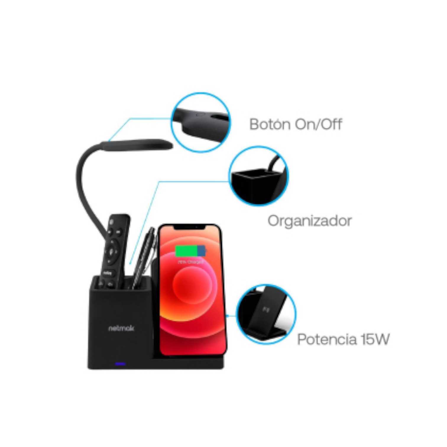 LAMPARA VELADOR LED NETMAK CARGA INALAMBRICA 15W NM-CL15