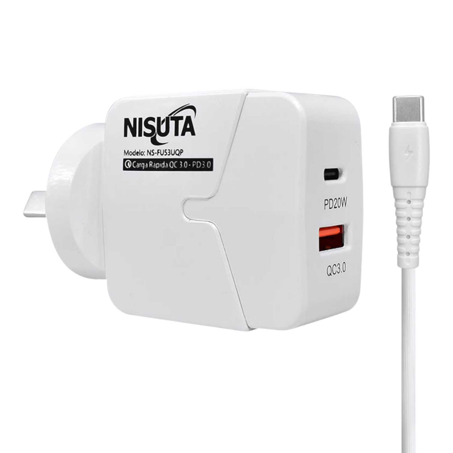 CARGADOR 220V TIPO C NISUTA NSFU53UQPC QC3.0 (PD+USB-A) C/CABLE