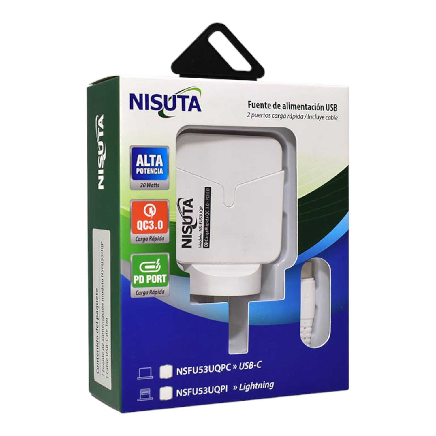 CARGADOR 220V TIPO C NISUTA NSFU53UQPC QC3.0 (PD+USB-A) C/CABLE