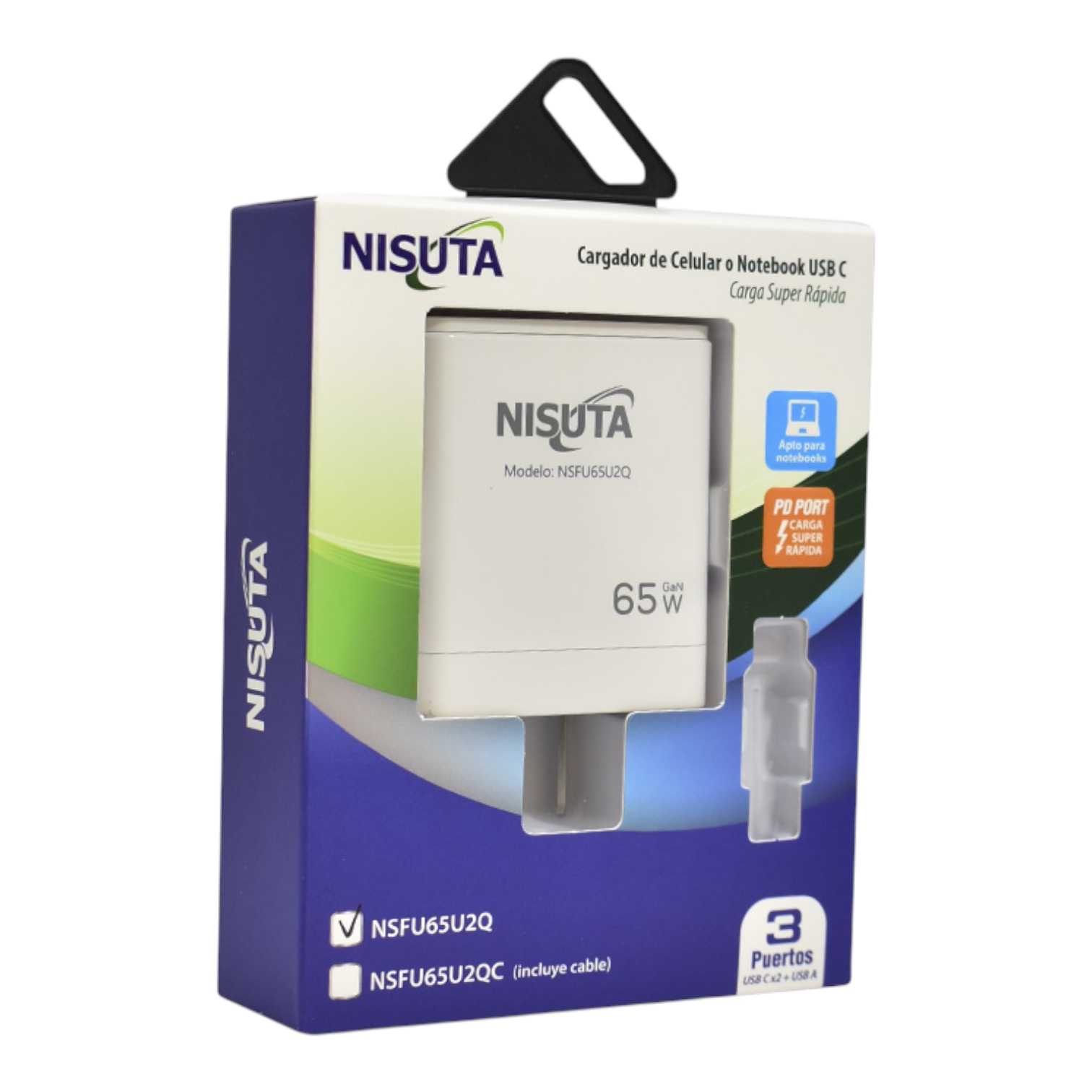 CARGADOR 220V TIPO C NISUTA NSFU65U2Q 65W (PD+USB-A)