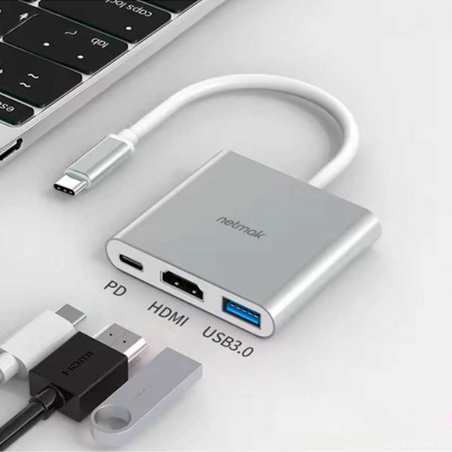 CONVERSOR TIPO C 3.1 3 EN 1 (HDMI+USB 3.0+ TIPO C PD) NETMAK NM-TYPE