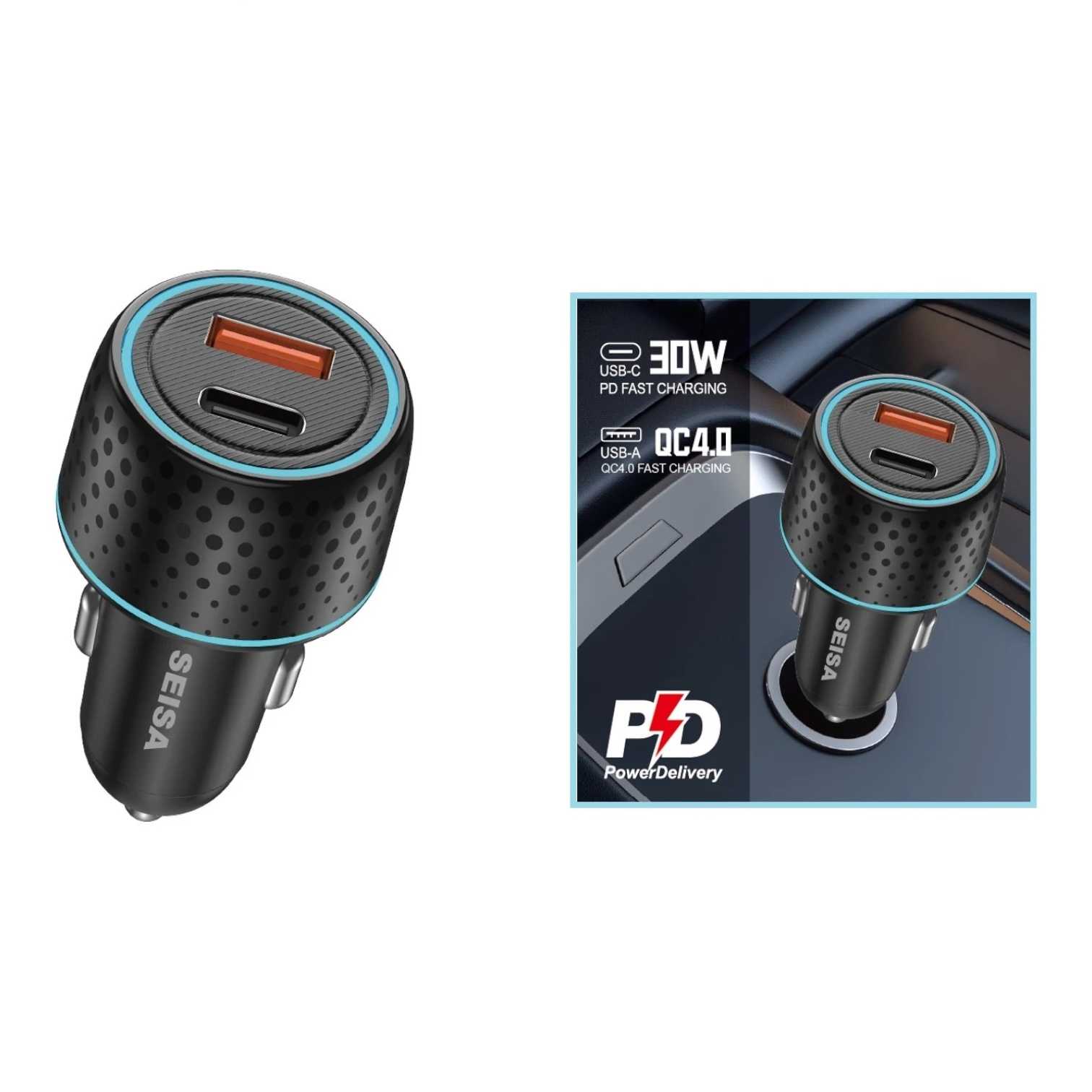 CARGADOR USB PARA AUTO SEISA 36W PD+QC 4.0 SM-FS448