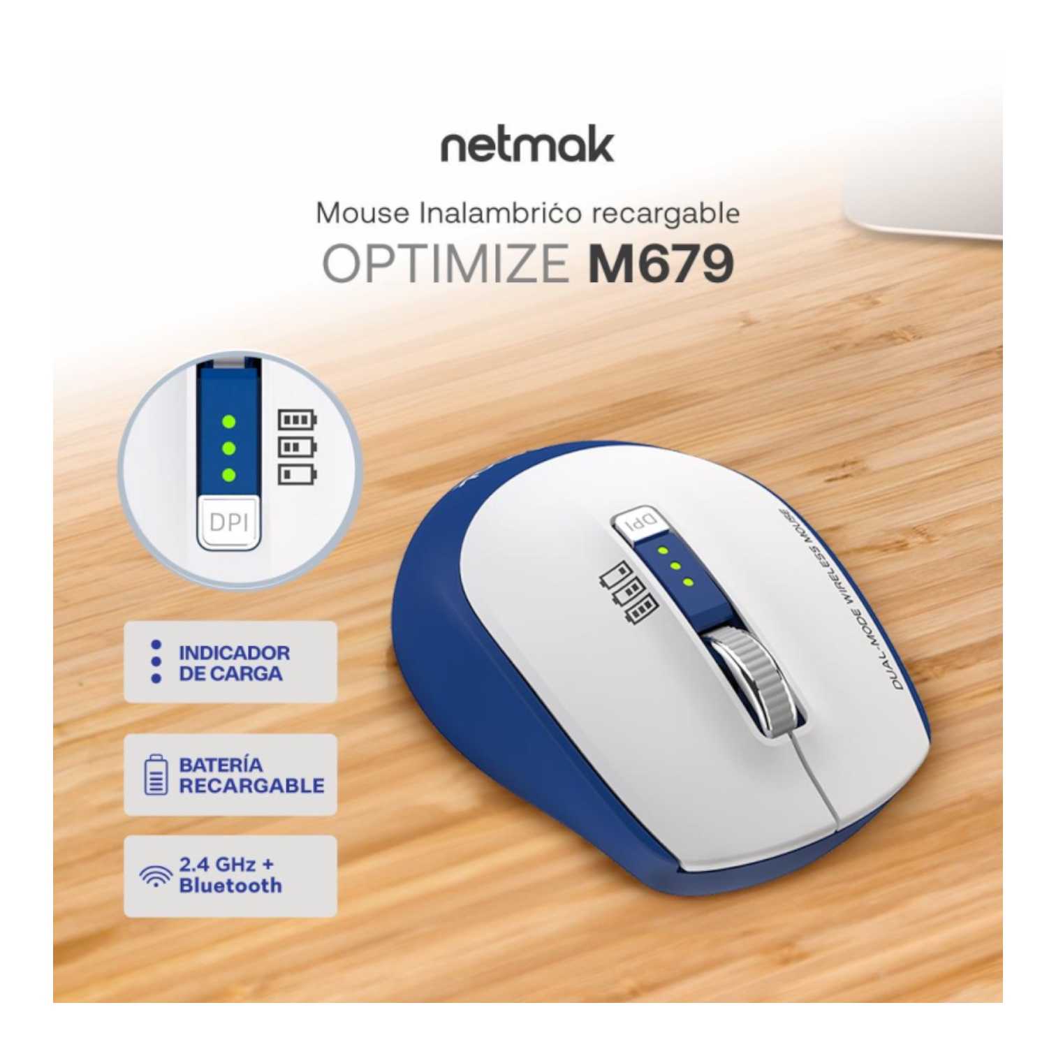 MOUSE NETMAK INALAMBRICO + BT5.0 NM-M679 AZUL RECARGABLE
