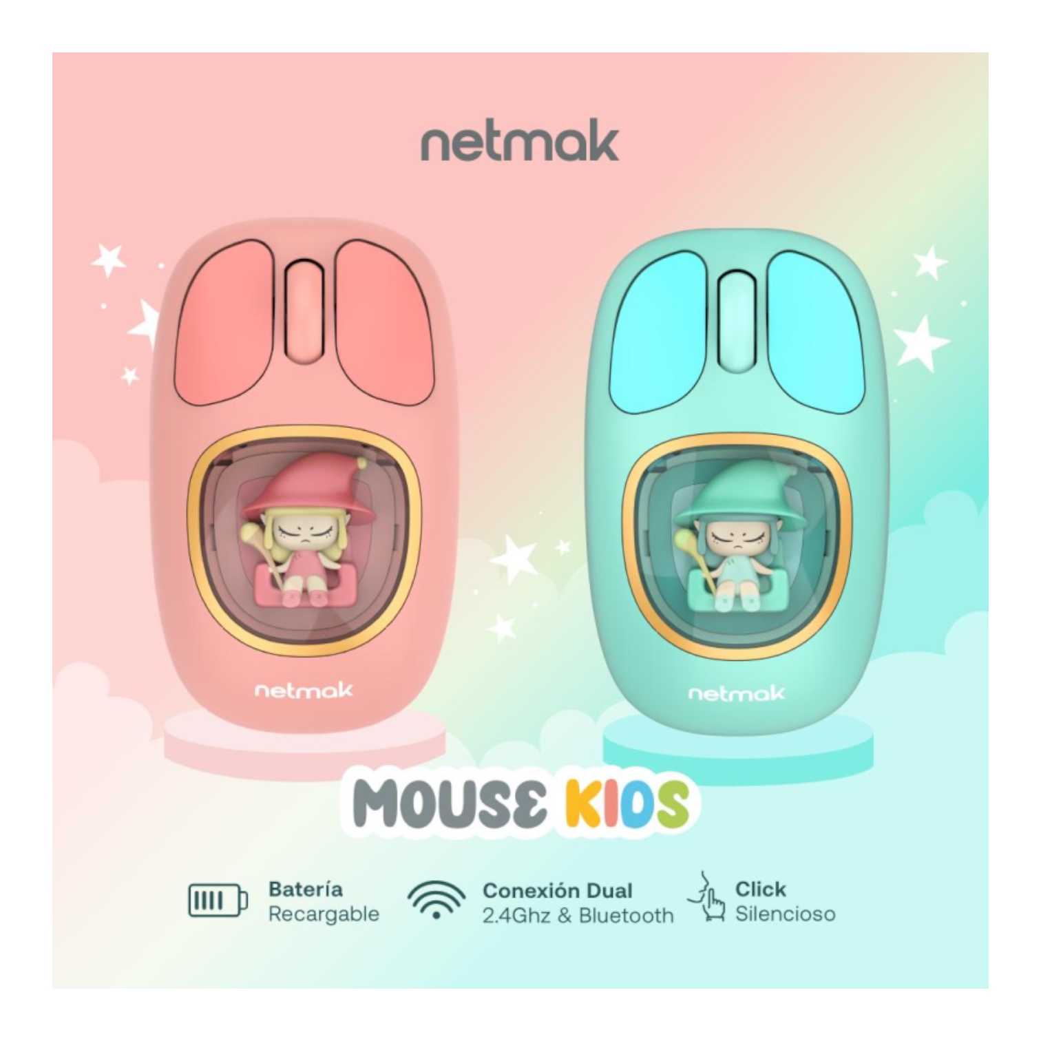 MOUSE NETMAK INALAMBRICO + BT5.0 NM-MK01 KIDS ROSA RECARGABLE