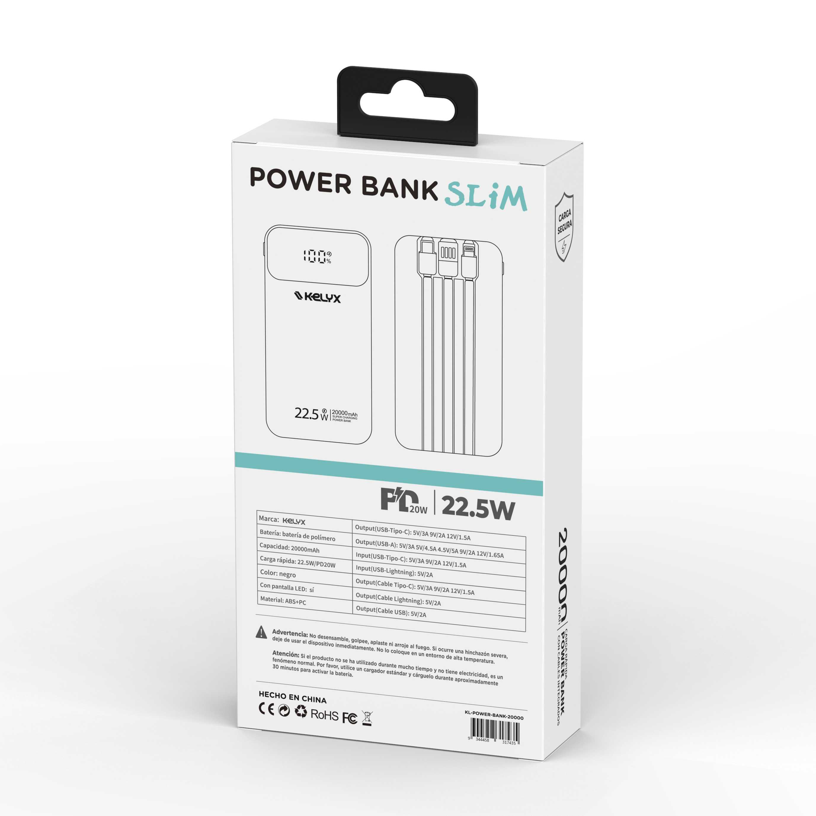 POWER BANK KELYX MINI 10000 MHA TYPE-C+USB+LIGHTNING FAST CHARGE 22.5W