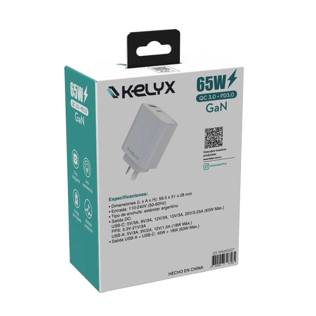 CARGADOR 220V TIPO C 65W KELYX WHITE