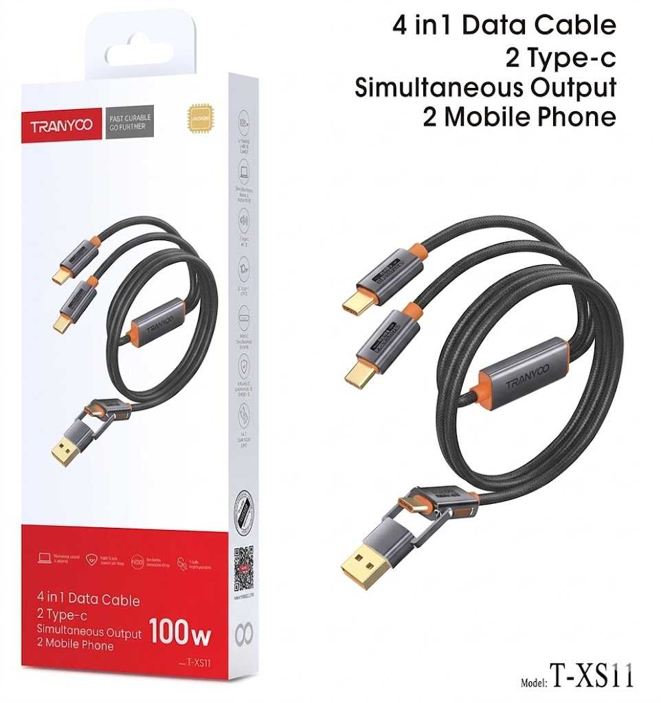 CABLE USB A TIPO C TRANYOO 1.2M 100W 2XTIPO C T-XS11