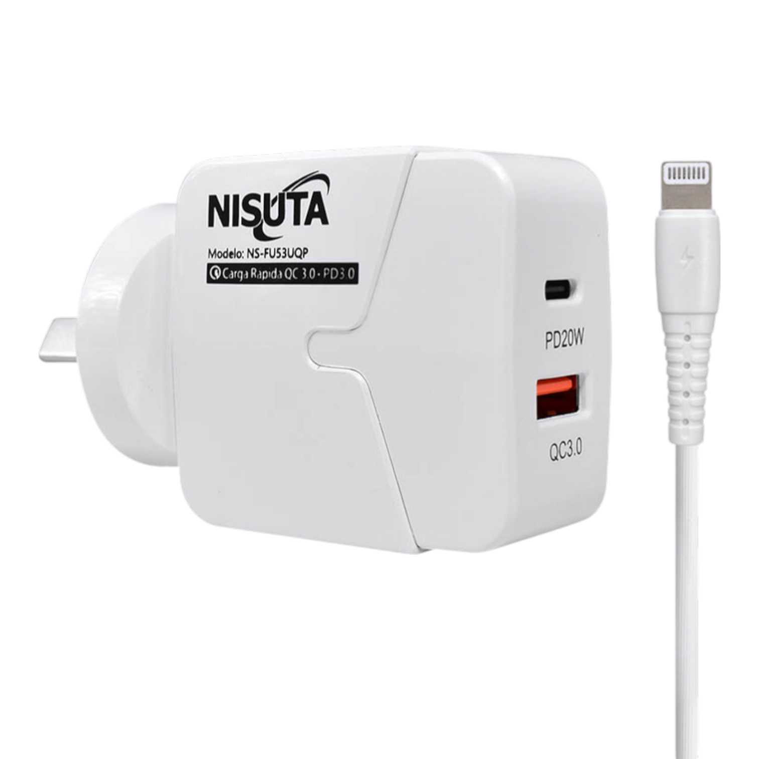 CARGADOR 220V IPHONE NISUTA NSFU53UQPI QC3.0 (PD+USB-A) C/CABLE