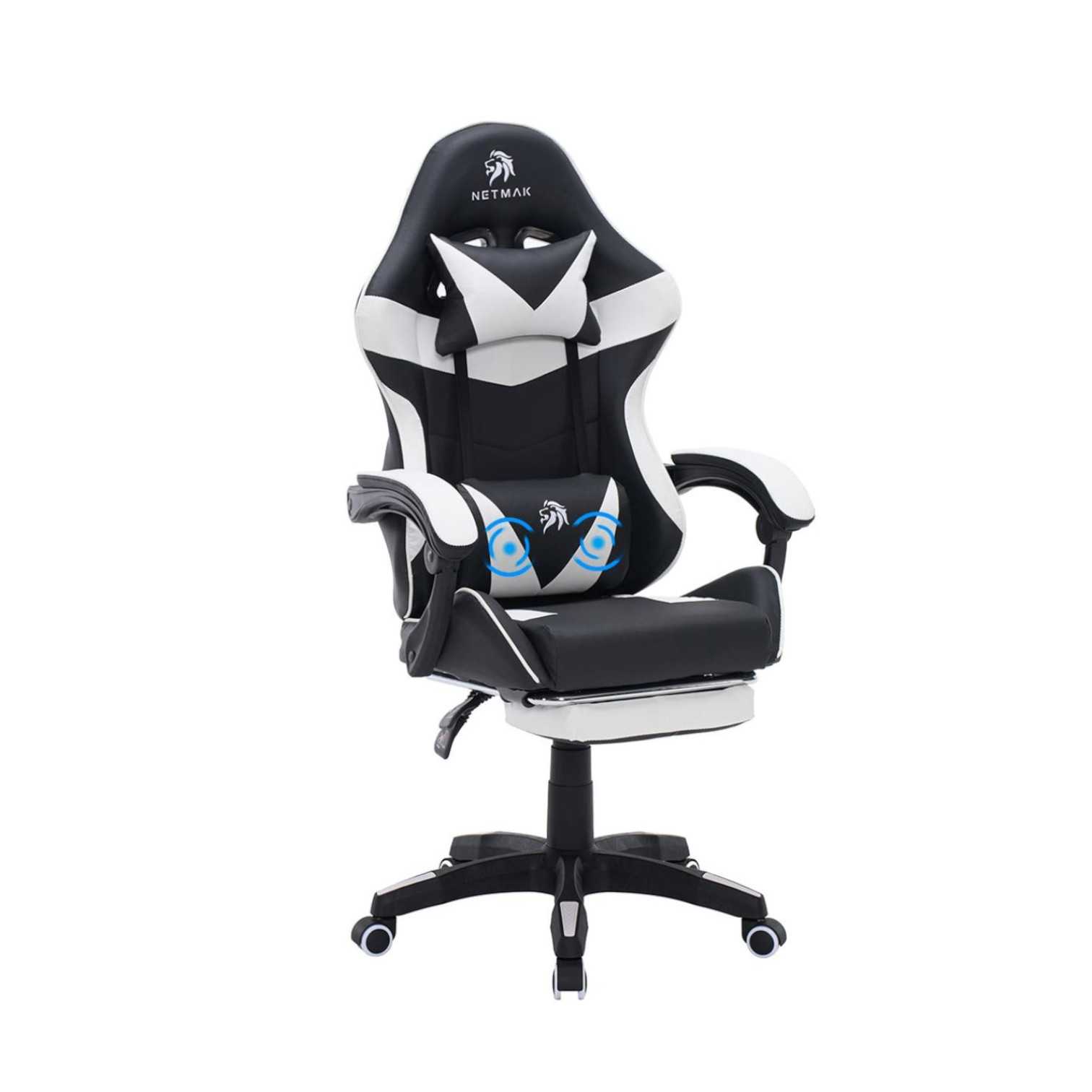 SILLA GAMER NETMAK NM-SG907 POSAPIES Y MASAJEADOR BLANCO/NEGRO