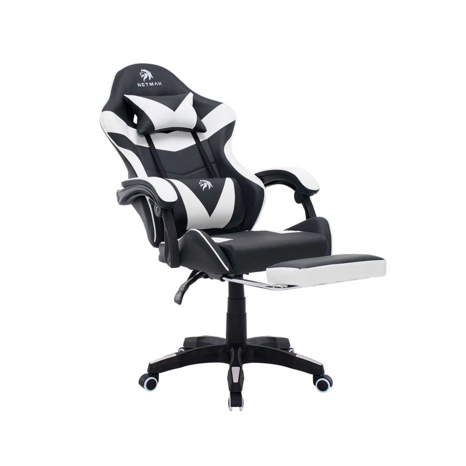 SILLA GAMER NETMAK NM-SG907 POSAPIES Y MASAJEADOR BLANCO/NEGRO