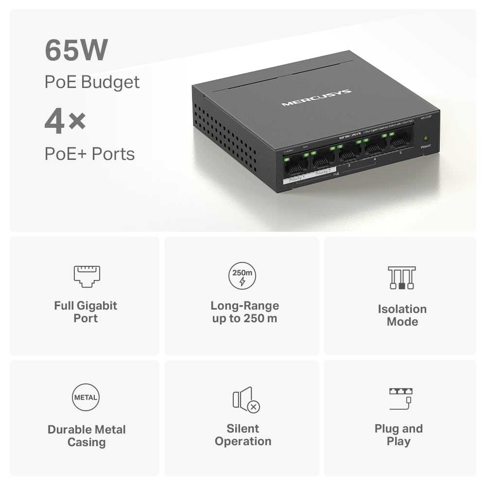 SWITCH MERCUSYS 5 PORT+ 4POE GIGABIT MS105GP