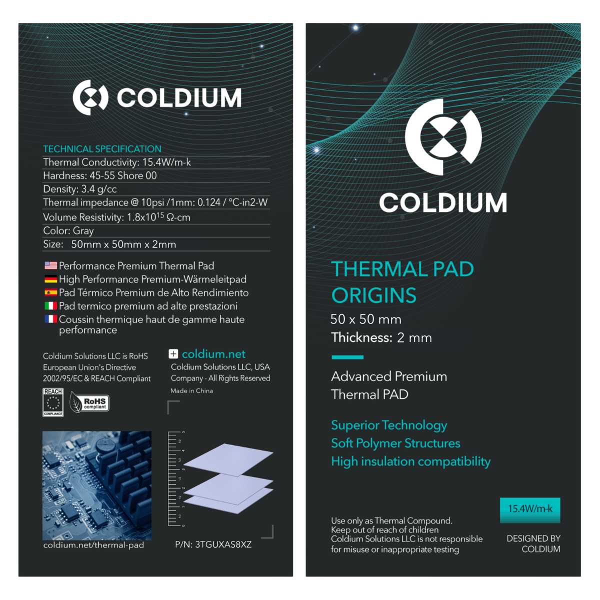 PAD TERMICO COLDIUM ORIGINS 50X50X2.0MM PREMIUM OC 15.4W/MK