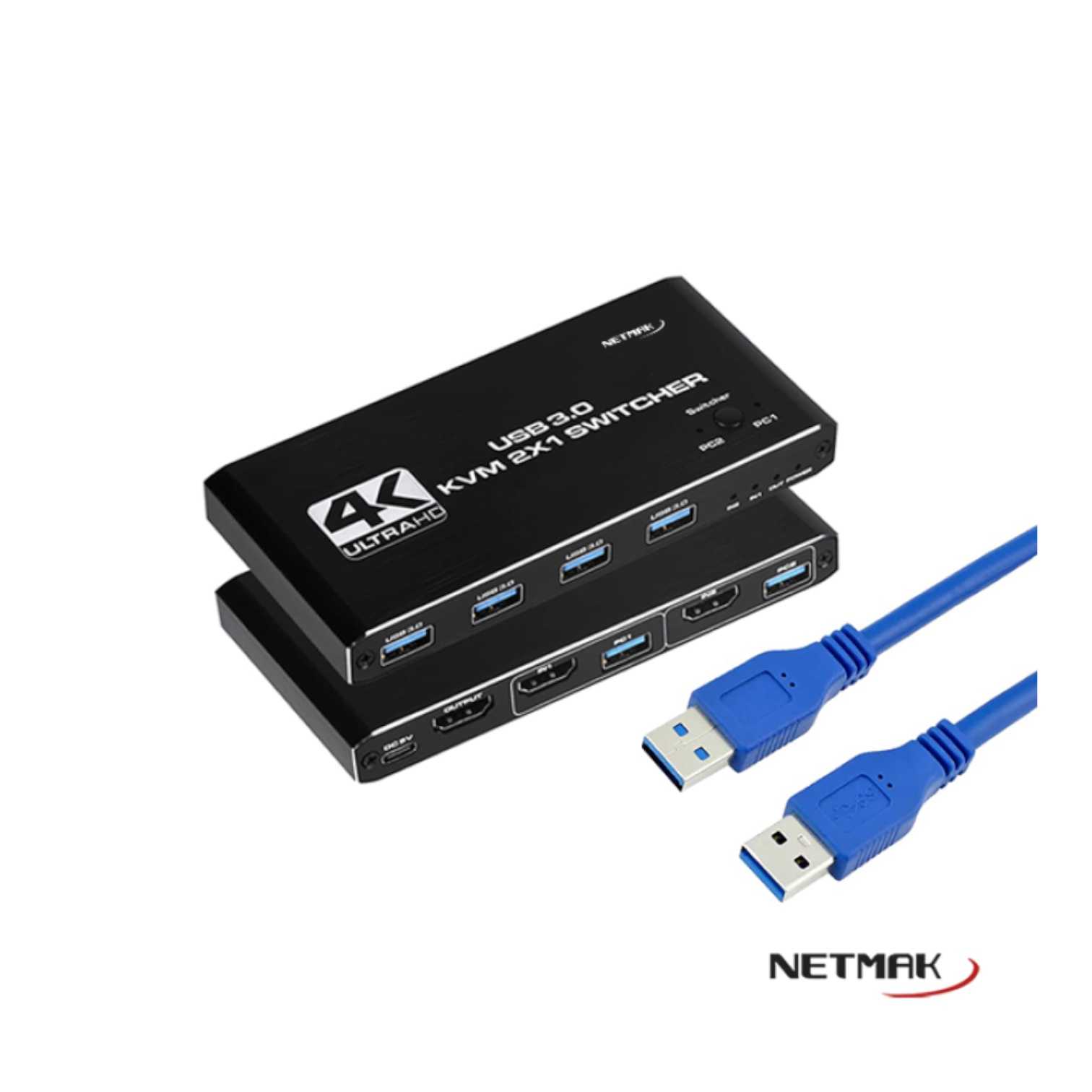 SWITCH KVM 2 PUERTOS HDMI 4K + USB 3.0 NETMAK NM-KVM2