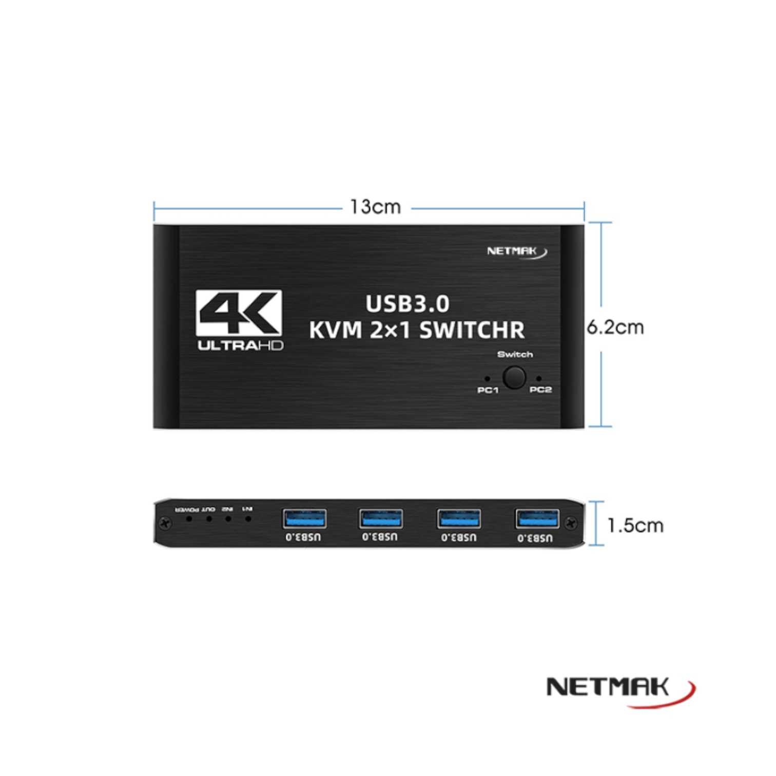SWITCH KVM 2 PUERTOS HDMI 4K + USB 3.0 NETMAK NM-KVM2